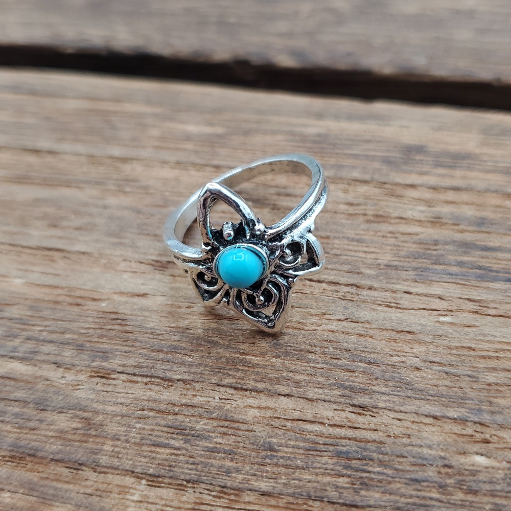 Turquoise Accent Silver Tone Star Ring - Women Jewelry Size 5 R822 - Picture 2 of 2